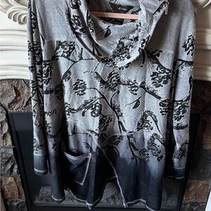 Gray and Black Floral Cowl Neck Top